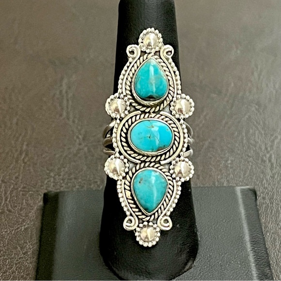 Native American style sterling silver three stone turquoise ring Artisan made - Picture 1 of 12